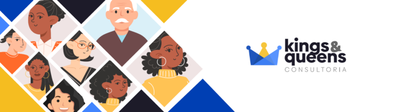 Arte com rostos diversos ao lado do logotipo Kings & Queens Consultoria